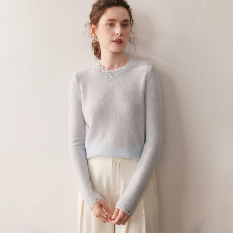 

Женский кашемировый свитер с круглым вырезом и эффектом потертости, Осень/Зима 2025 - Модная свободная вязаная однотонная рубашка с длинным рукавом One Size светло-синий