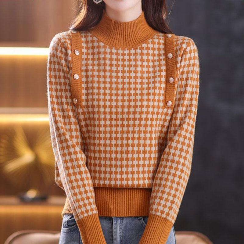 Women's Winter Houndstooth Versatile Sweater Loose Fit Outer Wear Knitted Base Layer Top
