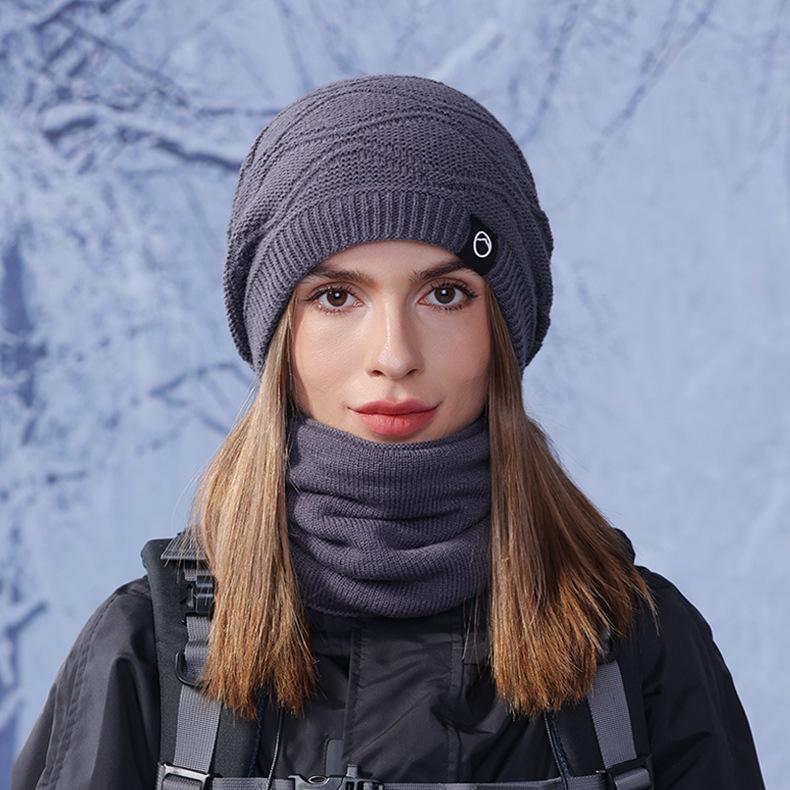 Vinterlue Skjerf Todelt Sett Dame Utendørs Fløyel Varm Øreklaffer Strikket Ullue