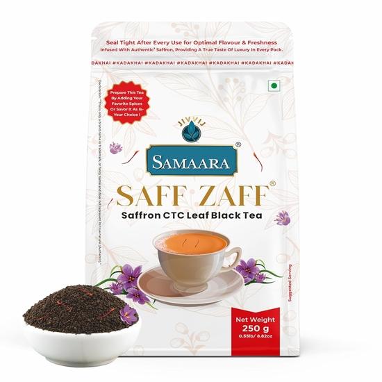 JIVVIJ SAMAARA Herbata Szafranowa 250g | Aromatyzowana Czarna Herbata Liściasta Assam CTC | Proszek Herbaty Kesar Chai Patti | Saszetka Saff Zaff