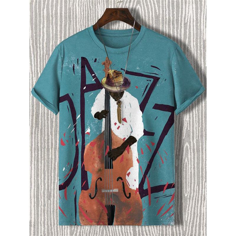Fun Musical Instrument Pattern Men s T-shirt Music 3D Printing Summer Top Casual Loose Short Sleeved Round Neck Streetwear 2XL
