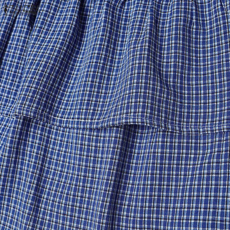 ZANZEA Women Daily Summer V-Neck Plaid Print Short Sleeve Casual Dress