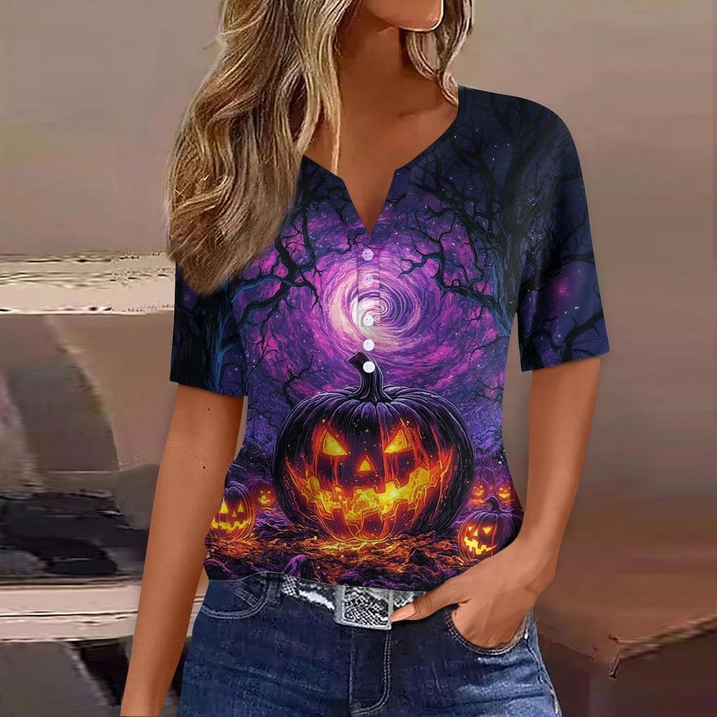 Women's T Shirt Tee Halloween Printed Button Short Sleeve Tunic Daily Weekend Fashion Basic V- Neck Regular Top