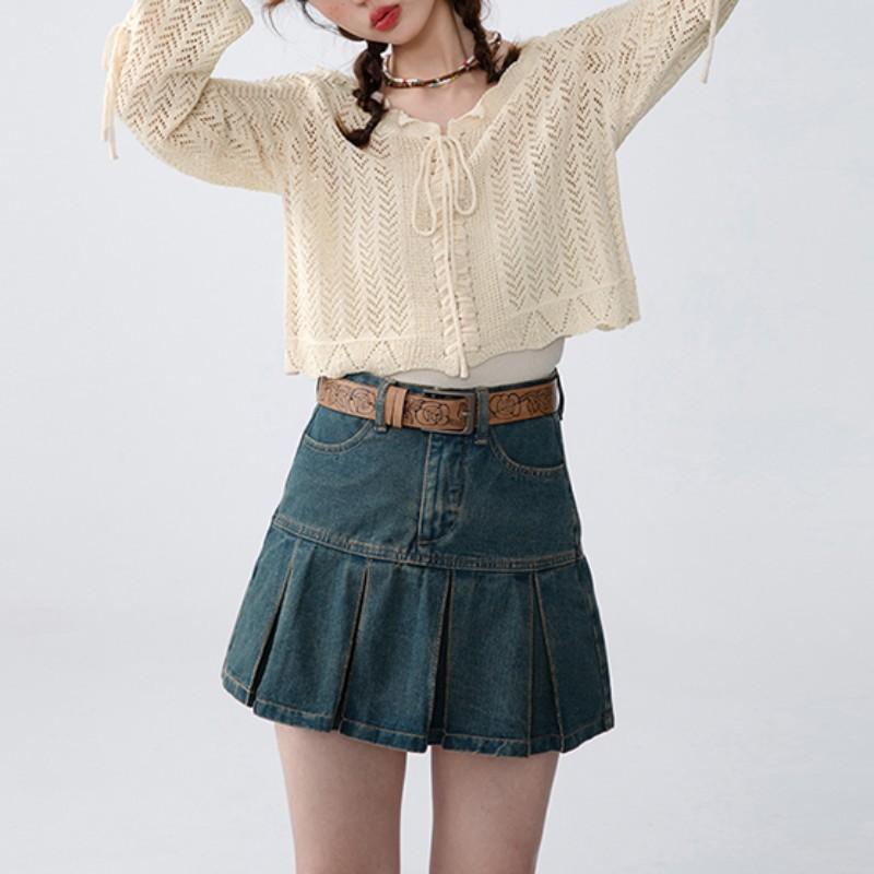 

Hollow knitted sweater cardigan thin v-neck jacket women s summer gentle and sweet outer blouse lace-up long-sleeved top Average size 55-81 абрикосовий