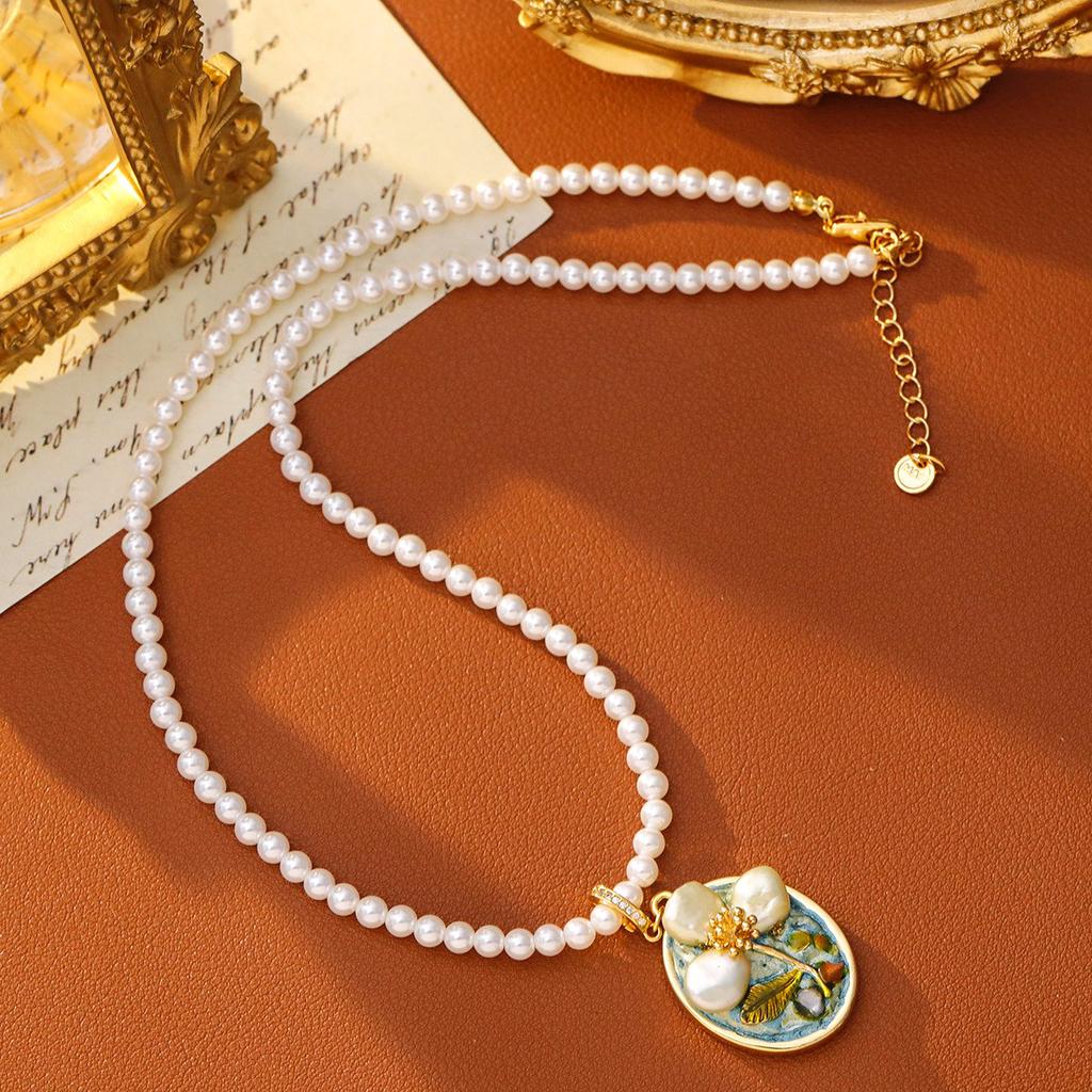 Oil painting style Baroque pendant necklace Women's Monet Garden New Chinese style