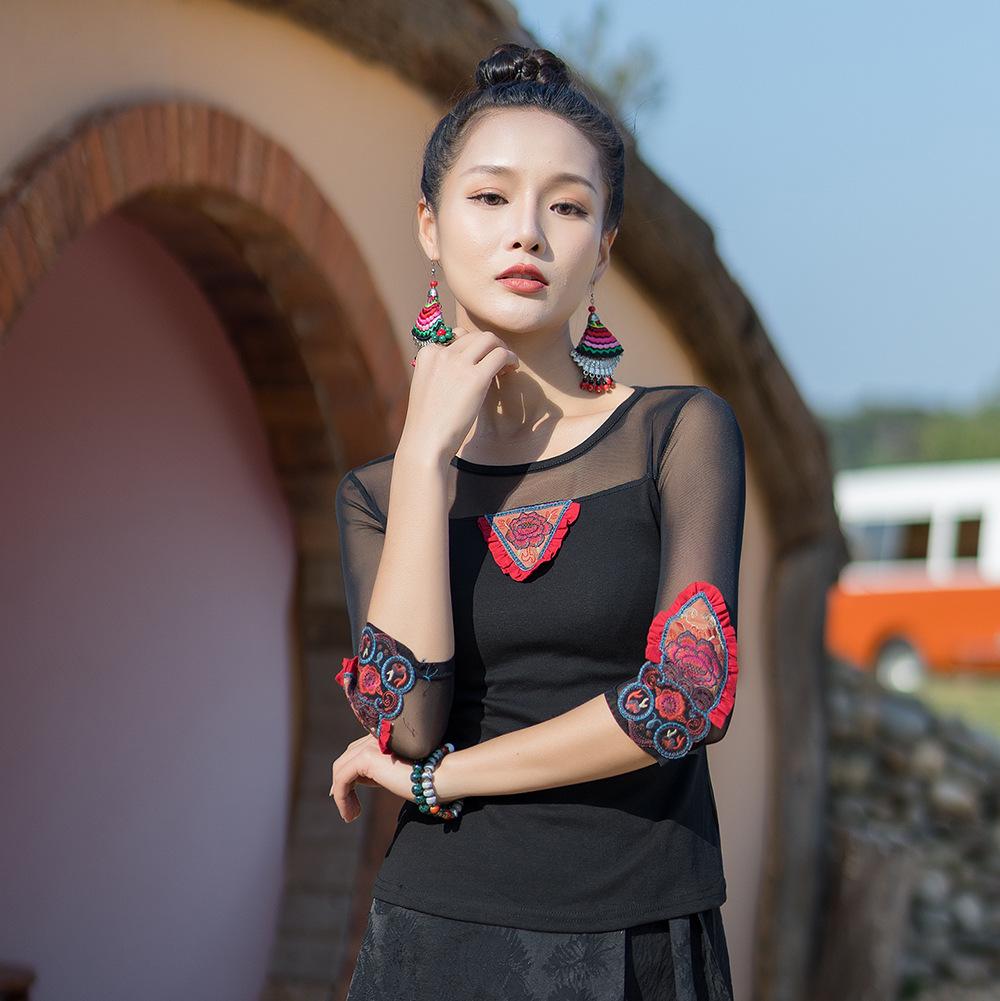 

Лето 2025 Этнический стиль Женские вышитые сетчатые футболки с рукавом до локтя и круглым вырезом 3XL