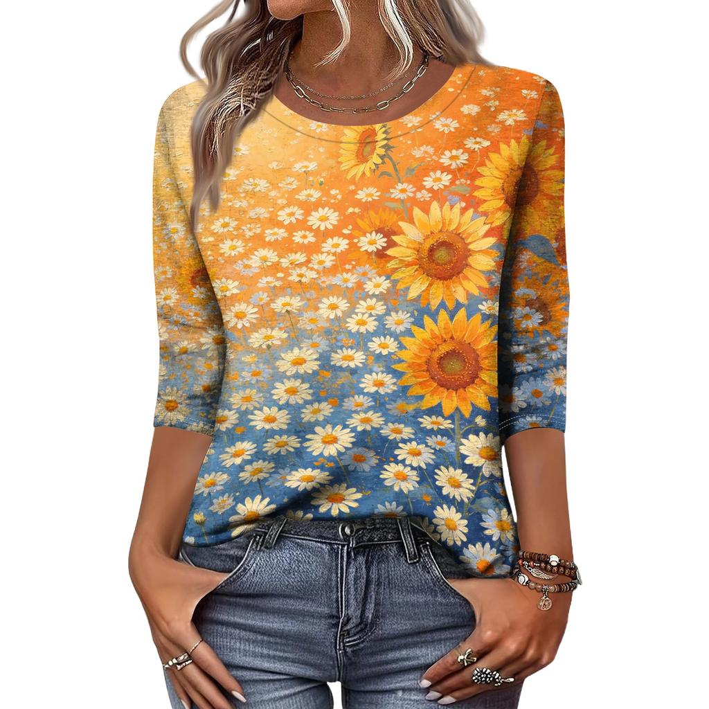 Women Casual Floral Print Round Neck Three Quarter Sleeve Top Lightweight Comfortable Fit Stylish Design Suitable for Everyday Wear