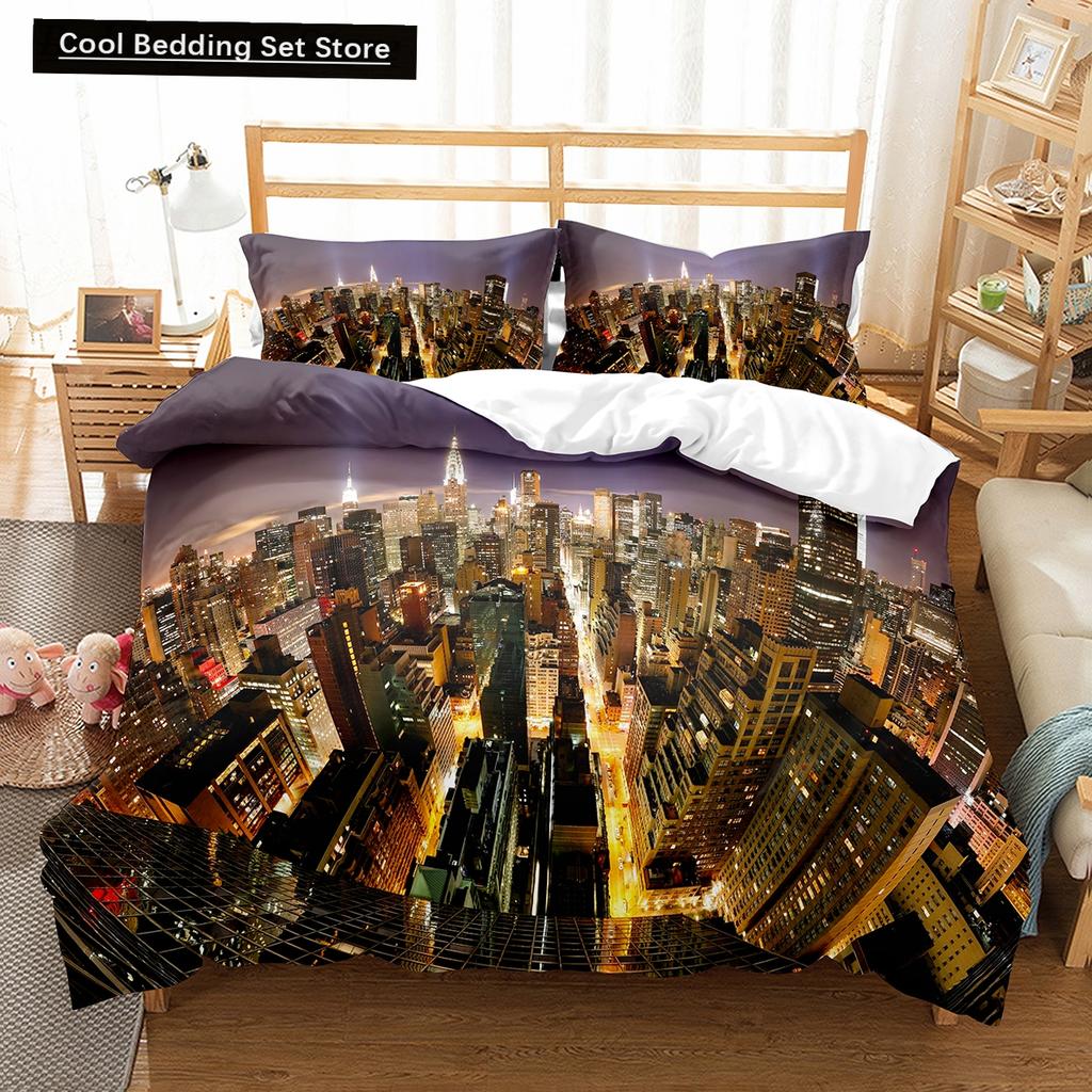 Comforter Cityscapes King Queen Tall Buildings Landscape Bedding Set Busy Traffic View Polyester Comforter