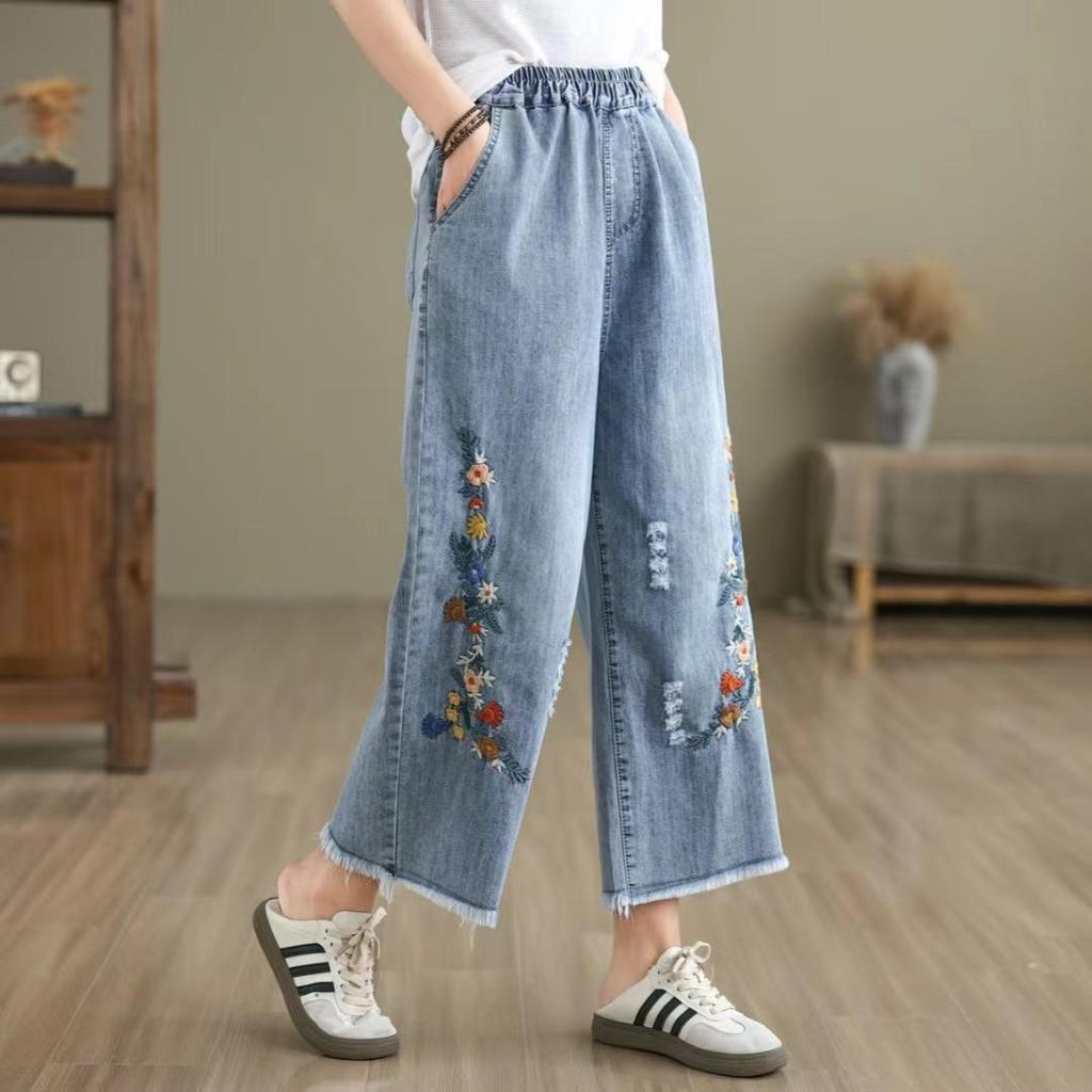 Women's High-Waist Wide-Leg Embroidered Jeans - Loose Fit, Raw Edge, Nine-Point Cotton, Plus Size, Casual Spring/Summer Pants