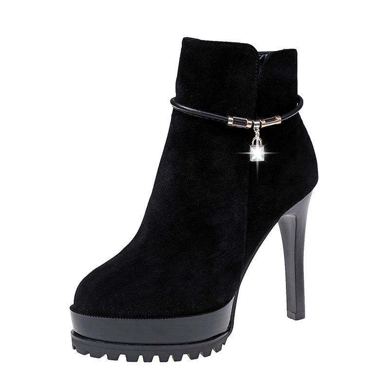 

Leather buckle decorative suede stiletto high heel waterproof table women s short boots ankle boots women s fashion Martin boots women s 34