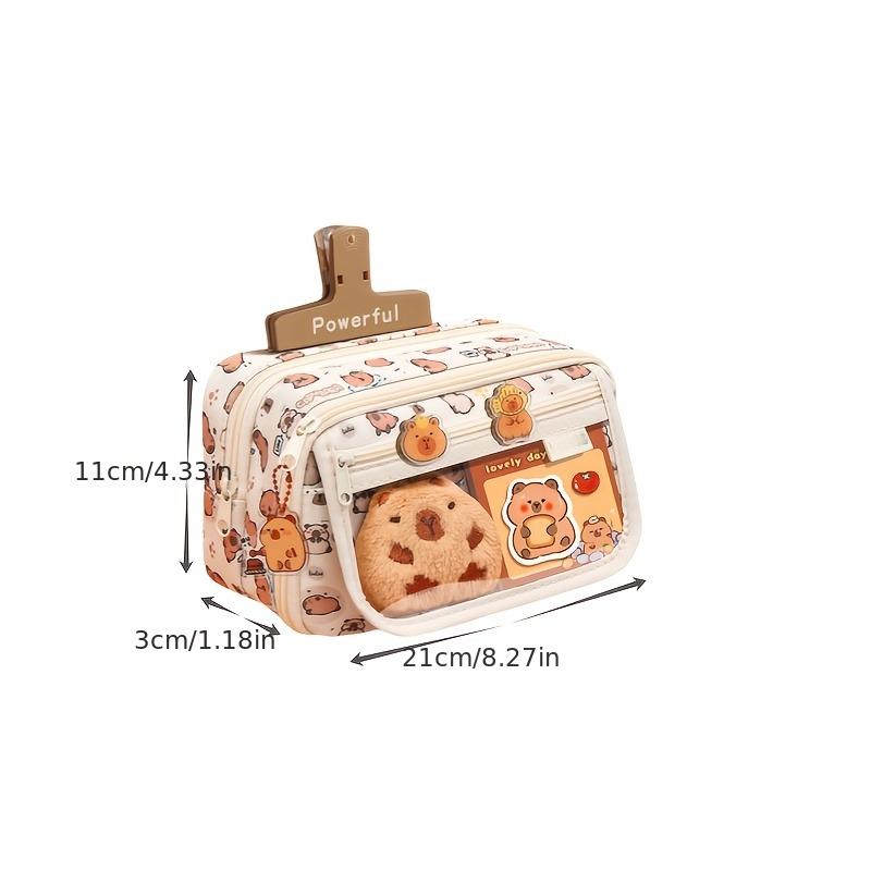 24Pcs capybara canvas pencil case, with doll & stickers, large layered school stationery pouch