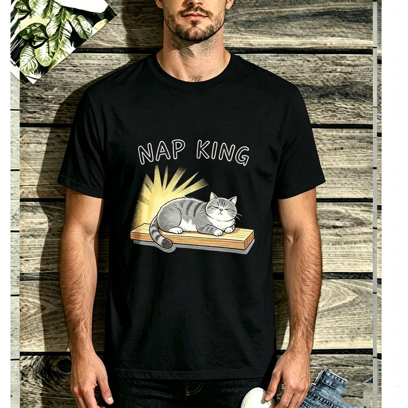 2026 New Unisex Cute Sleeping Cat Nap King Lazy Cat Graphic Short Sleeve TShirt Soft Cotton Vintage Casual Summer Top Pet Fans