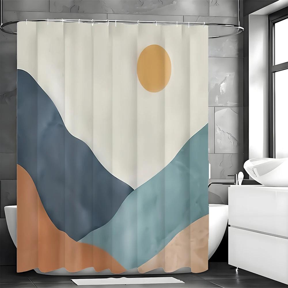 Abstract Flat Illustration Landscape Shower Curtain, Bathroom Decorative Shower Curtain, Waterproof Shower Curtain with Hooks