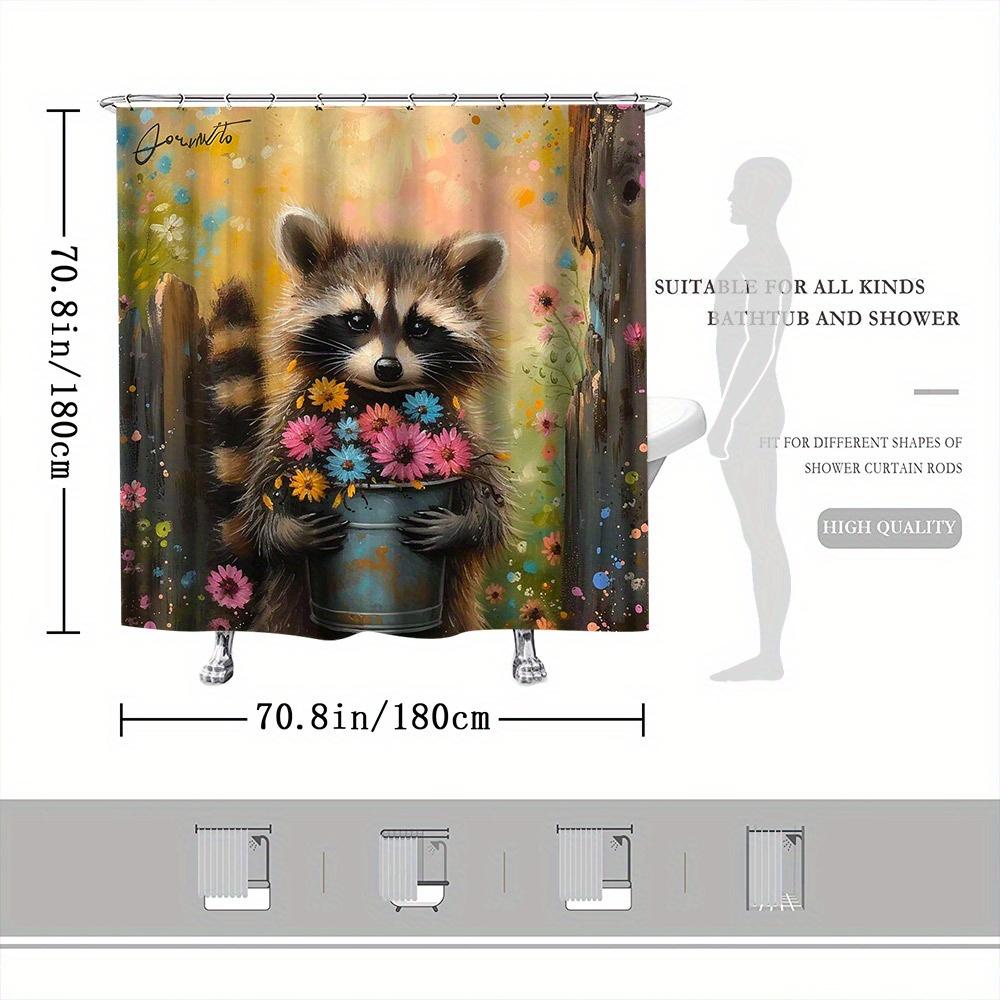 Raccoon Shower Curtain - Cute Raccoon With Flowers, Rustic Fence, Colorful Background,Fade Resistant,70.8X70.8",Machine Washable