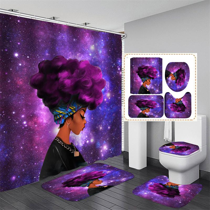 Afroamericano Afro Sexy Chica Negra Mujeres Arte Diseño Arte Graffiti Juego de Cortinas de Ducha para Baño Alfombrillas Alfombras Tapa de Inodoro Poliéster con Ganchos