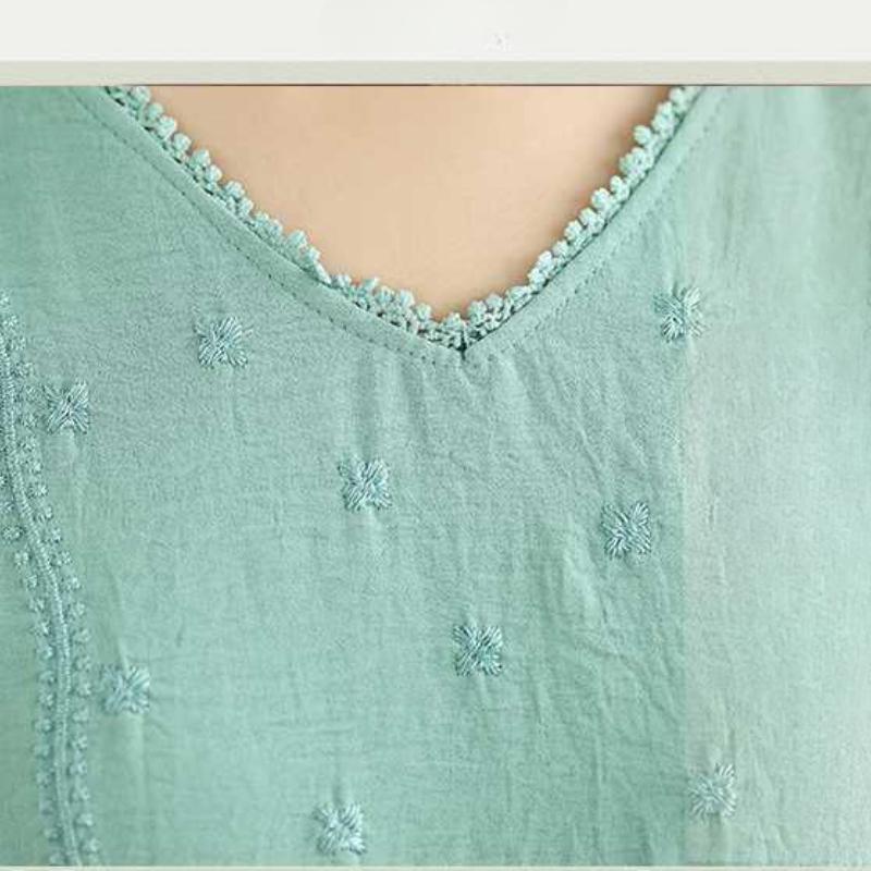 Summer Embroidered Ramie Top Loose V-neck Linen Cotton Hemp Short Sleeved Shirt Women's Versatile T-shirt