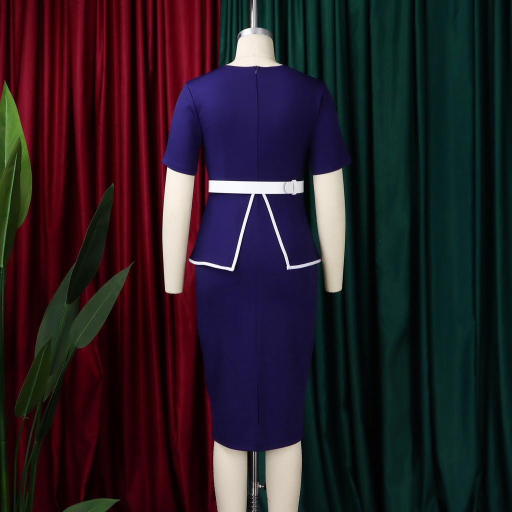 O Neck Short Sleeve Dress Elegant Bodycon Dresses Women Solid Belt Waisted Package Hips Mid Calf Professional Business Work Dress