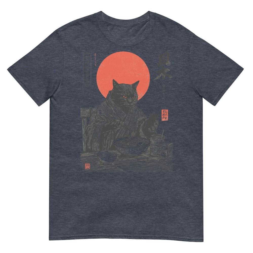 Samurai Cat Eat Raunisex Scroll Phone Japanese Food Humor Art Tshirt