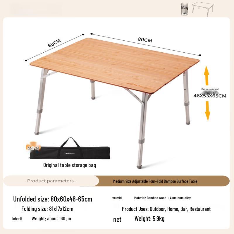 ZISIZ Bamboo Top Height-Adjustable Outdoor Folding Camping Table