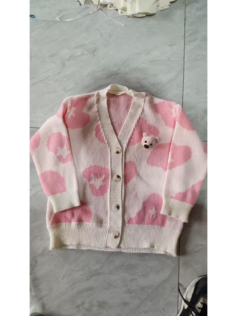 Women's Korean Style Bear Design Color Block Knit Cardigan - Soft, Loose, and Slimming for Autumn and Winter