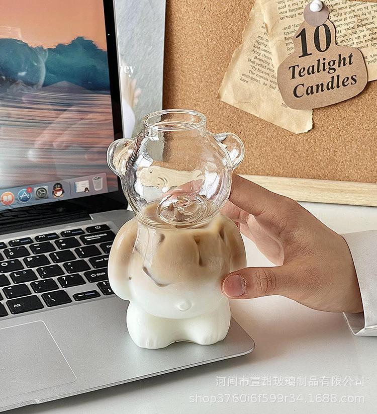 Cartoon Bear Shaped Glass Cup With Straw 300ml Transparent Juice Cocktail Glass Cup Restaurant Home Coffee Milk Cup 1/2pcs