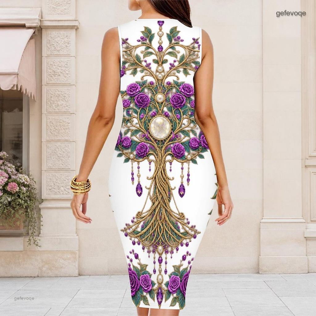 Women Plus Size Round Neck Sleeveless Black Printed Bodycon Midi Dress