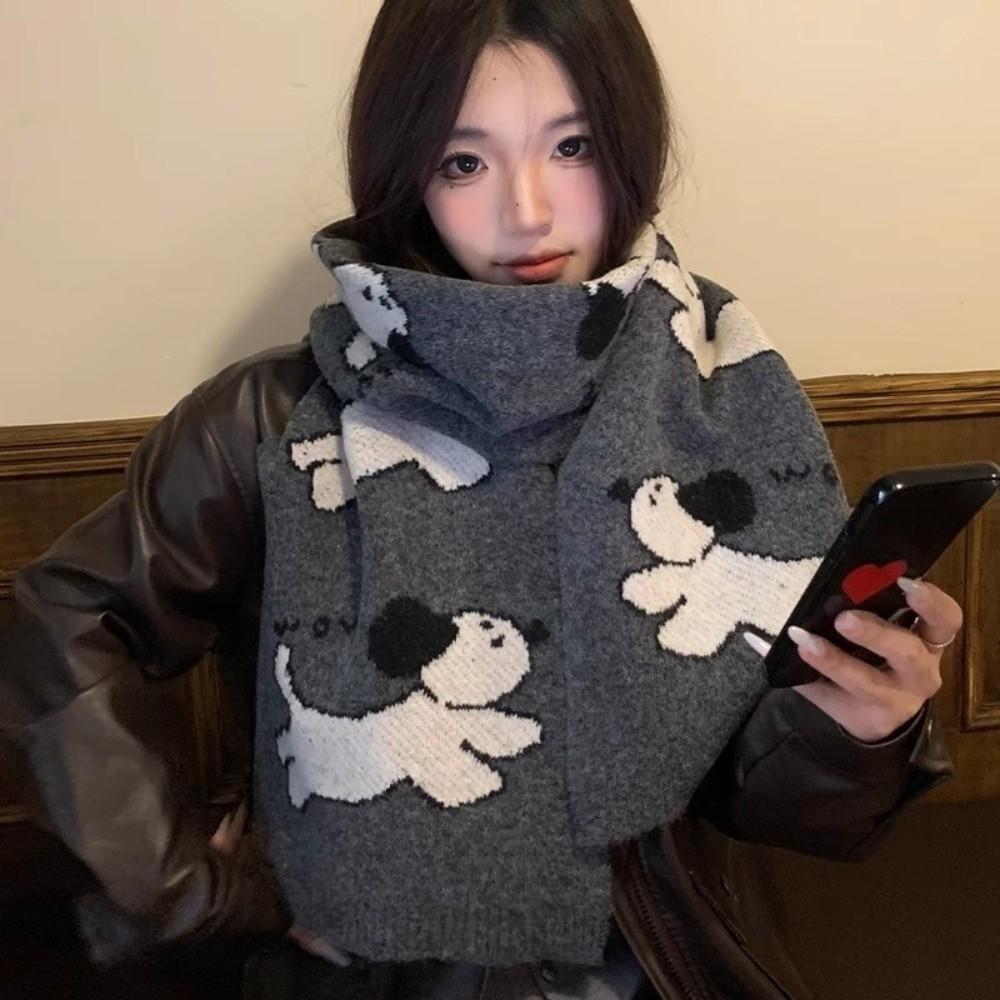 Lightweight Puppy Pattern Scarf Korean Style Knitted Shawl Trendy Cashmere Blend Scarf Unisex