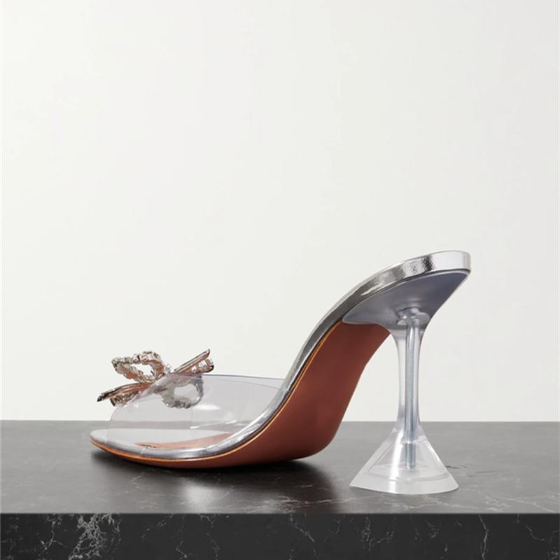Fashion Big Size 35-45 Transparent PVC Women Slippers Fashion Crystal Bowknot High Heels Jelly Shoes Summer Female Green Mules Slides