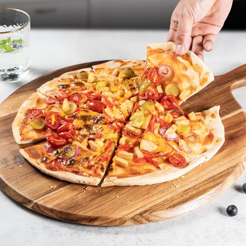 BILL.F Acacia Wood Pizza Peel, 10-inch (approx. 25cm) Cutting Board, Cheese Paddle Board, Bread & Cracker Serving Plate with Handle, Cooking Chopping