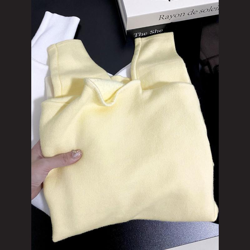 White Knitted Fleece Lined Half High Collar Sweater Women's Fashion Autumn Winter Inner Wear Base Shirt Integrated Fleece Top