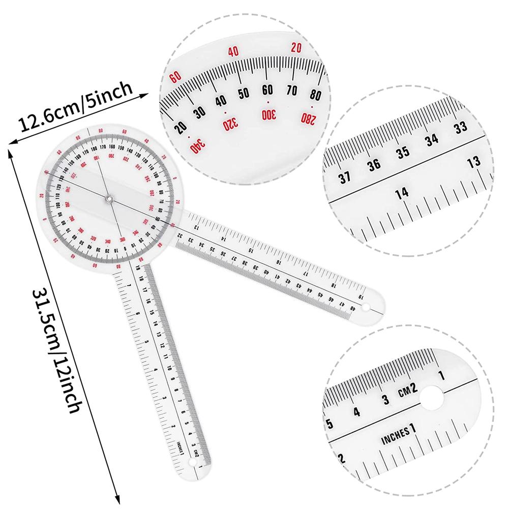 12 Zoll Goniometer, Transparente Orthopädische Winkelmesslineal Kunststoff-Goniometer 360 Grad Wirbelsäulen-Goniometer zur Körpervermessung