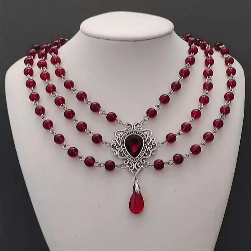 Gotický viktoriánský náhrdelník Romantický vintage krvavě červený korálkový řetízek Pro ženy Dívky Vynikající choker Šperky Doplňky Dárky