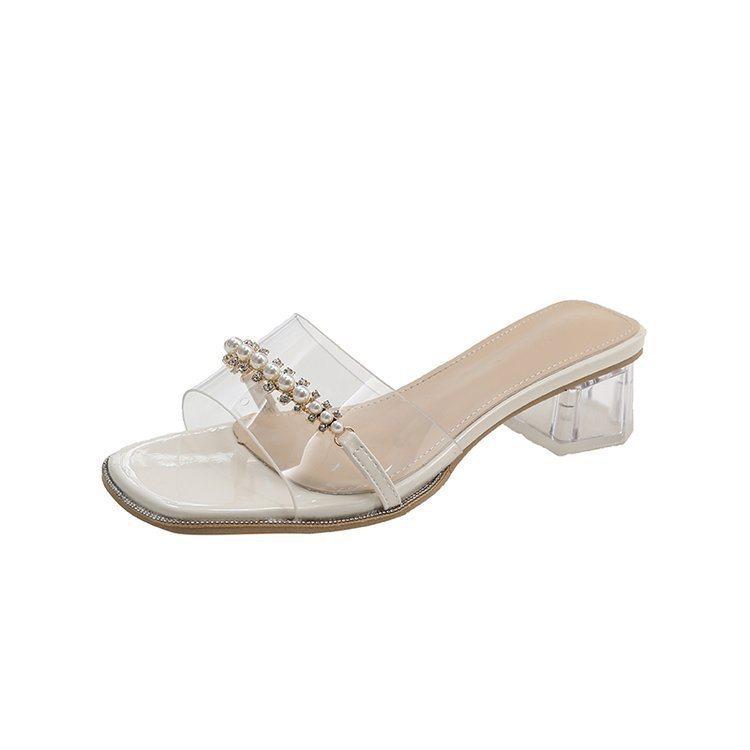 

Coarse heel rhinestone sandals heel summer Korean version new 2025 low fairy fairy shoes transparent crystal shoes pearl word 40