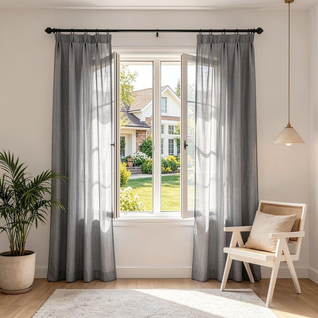 Lichtfilternder grauer Leinen-Gaze-Vorhang – Sichtschutz-Fenstergewebe für das Wohnzimmer