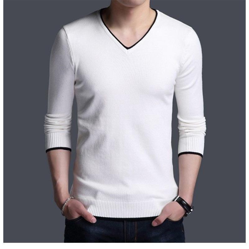 Spring and Autumn Men's Pullover V-neck Solid Color Slim Fit Casual Fashion Elegant Commuter Long sleeved Knitted Bottom Shirt