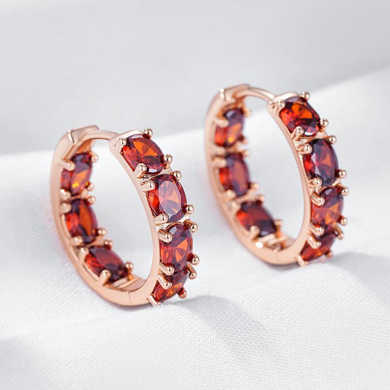 Full Red Natural Zircon Hoop Earrings For Women Trendy  Rose Gold Color Vintage Bride Wedding Jewelry Best Gift