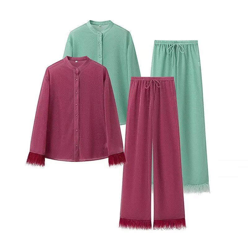 Kaslead New Arrival Women's Clothing Fashion Style Fashion Minority Design Long Sleeves Feather Coat Casual Pants Suit