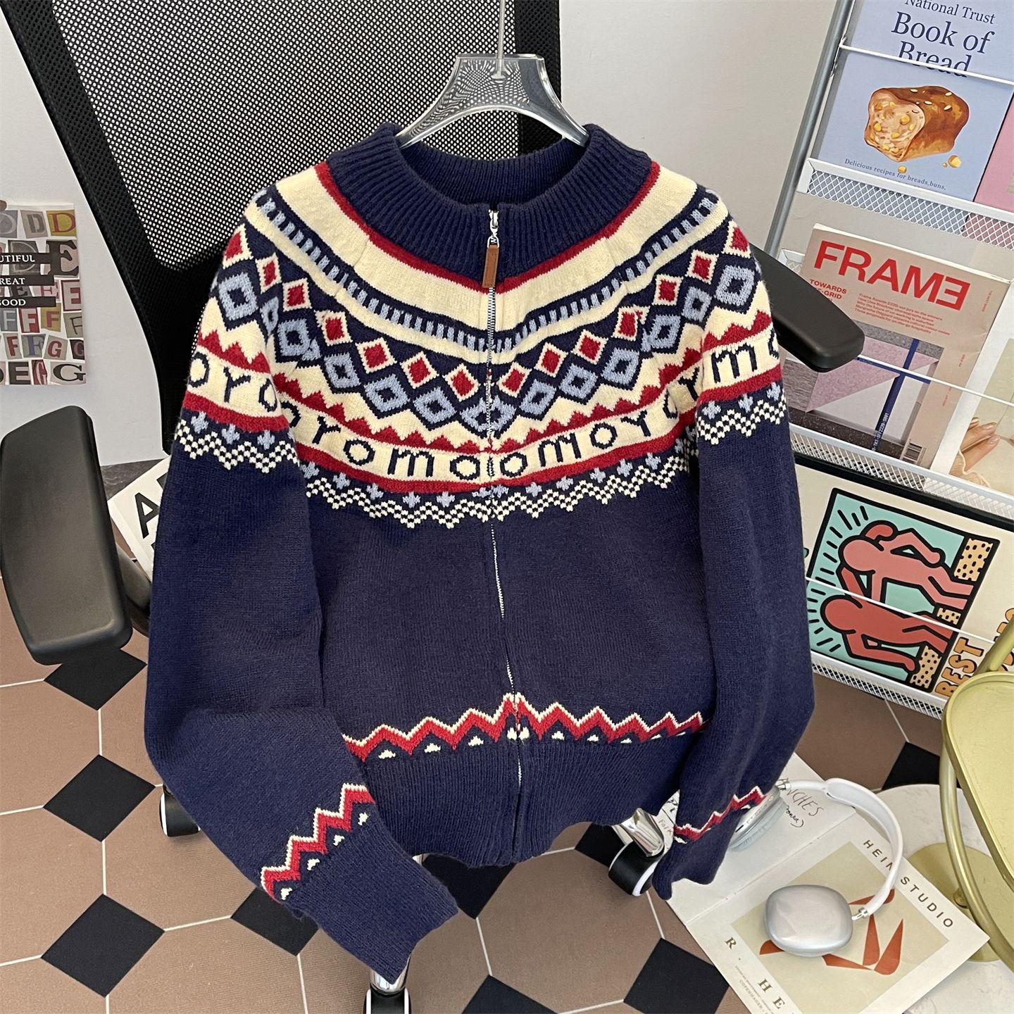 

Teen Couple American Retro Fair Isle Knit Cardigan for Men and Women - Winter Sweater with a High-End Feel XL синій