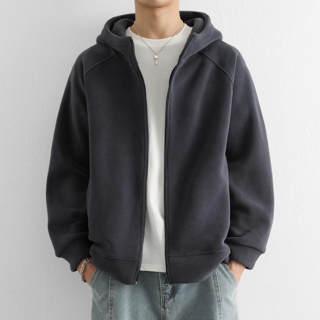 Men's Double-Sided Coral Fleece Hooded Jacket - Autumn/Winter 2025 Style, Thickened and Warm for Outdoor Casual Wear