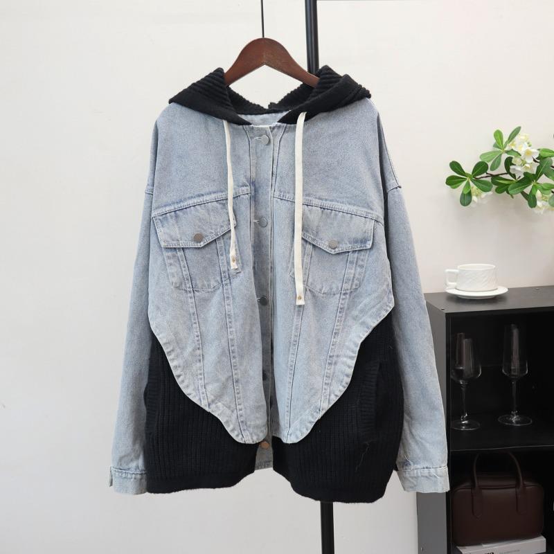 Autumn and Winter New Loose Casual Hooded Design Sweater Jacket Femininity Splicing Denim Knitted Cardigan