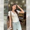 Apricot letter bow printed lace-up short-sleeved T-shirt women's summer new design niche top