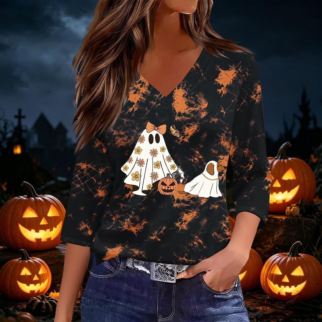 Women's Casual V-Neck Three-Quarter Sleeve Top with Halloween Print