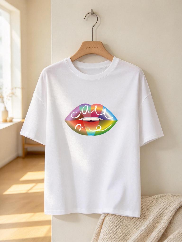 Unisex T-shirt Colorful Lips Print Casual Soft Short Sleeve Streetwear