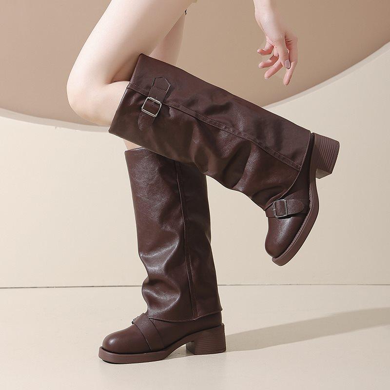 

Locomotive retro western plus size fat 2025 boots new MM autumn and winter pleated Martin boots round head pile thick heel 43