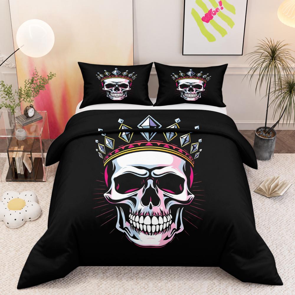 3 Piece Bedding Set Skull with Diamond Gem Crown Pink Black Tattoo Duvet Cover Set, Edgy Gothic Bedding for Teens Men Women Bedroom Decor
