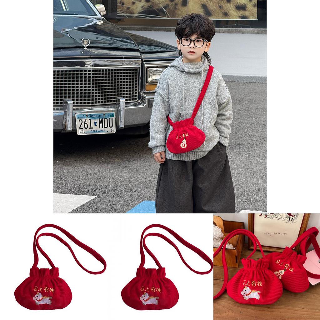 Cotton Kids Red Lucky Bag With Embroidered Design For Childrens Daily Use