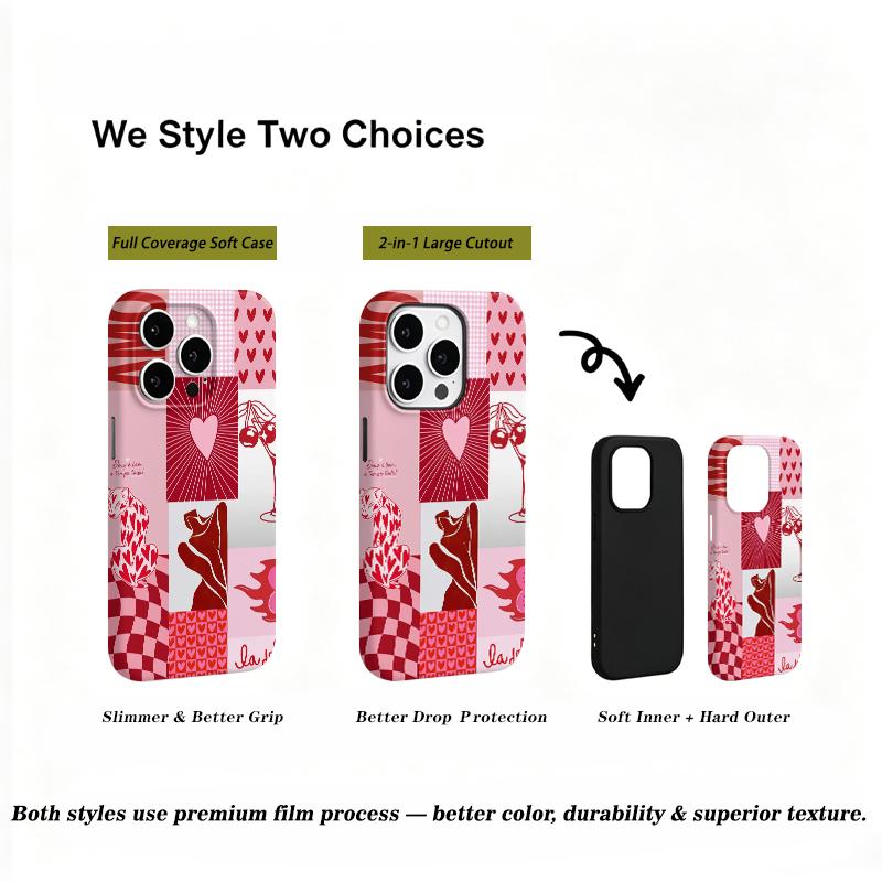 Pink Red Heart Cherry Checkered Collage Print Soft Silicone Phone Case Valentine Retro Shockproof Cover For iPhone 17 16 15 14 13 12 11 Pro Max