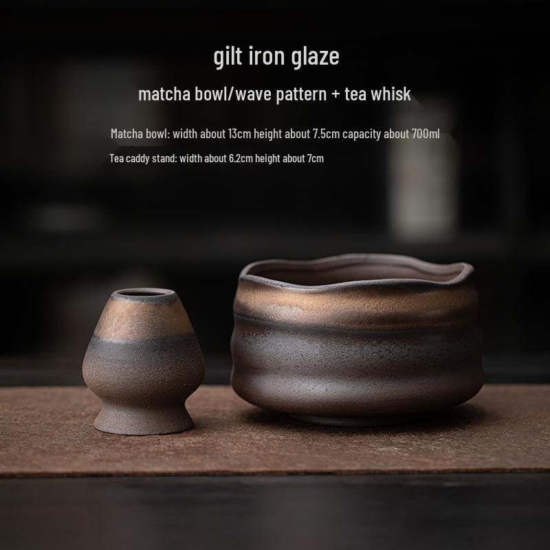 Song Dynasty-Inspired Japanese Matcha Bowl & Whisk Stand with Gilt Iron Glaze