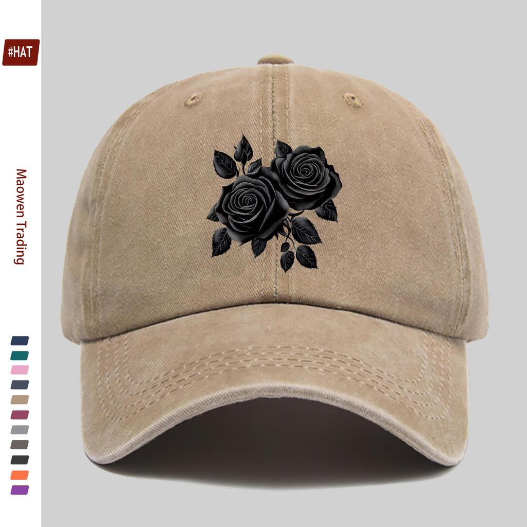 pc Elegant Black Rose Pattern Printed Baseball Cap Truck Driver Papa Hat Comfortable Lightweight Headwear Adjustable Closure