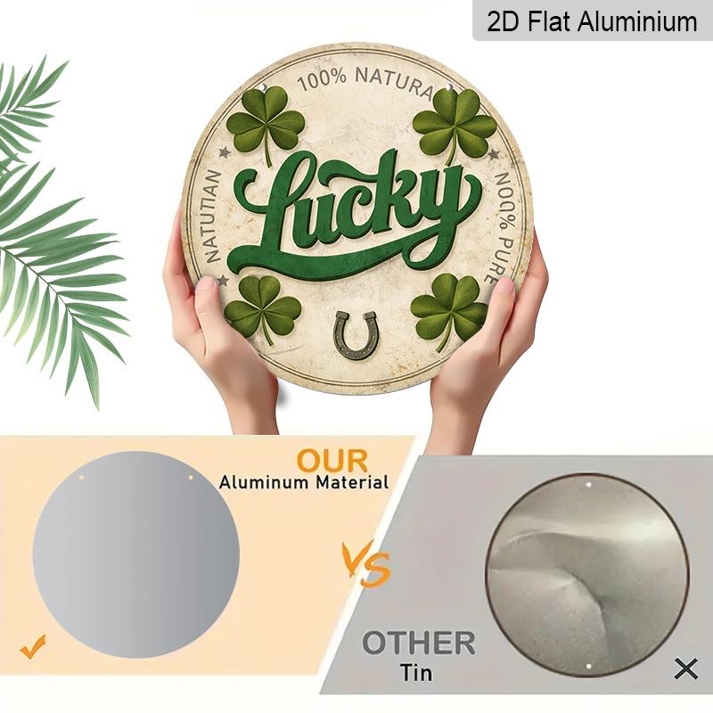 2D Flat - 1pc Round Sign, Vintage Aluminum Plaque with "Lucky Four Leaf Clover Horseshoe", "Lucky Charm Good Luck Blessing" Decorative Sign, Suitable